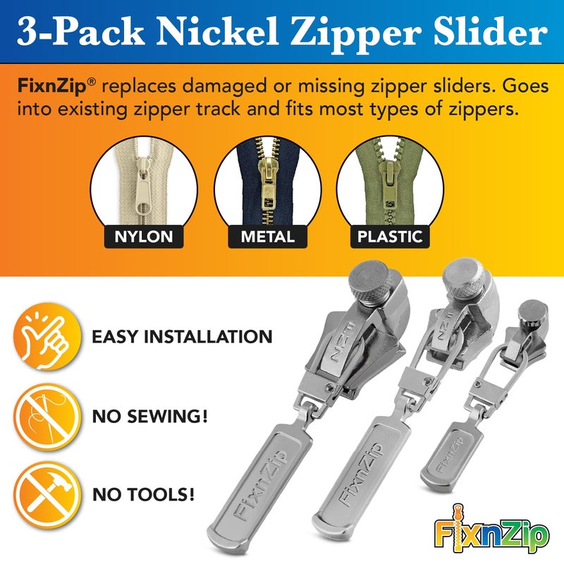 FixNZip Small, Medium, and Large Nickel Zipper Repair Kit Bundle | Universal No-Sew Slider Replacement Kit for Clothes, Jackets, and More | Instant and Reusable Zipper Repair Tool | Sizes 1-10 - Image 2